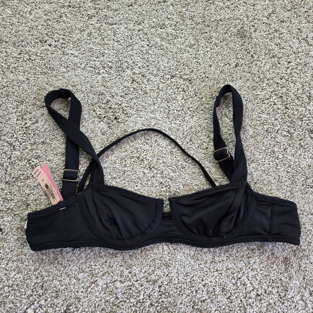 NEW Victoria's Secret Swim Bikini Top Women 34A Black Underwire Gold Strappy